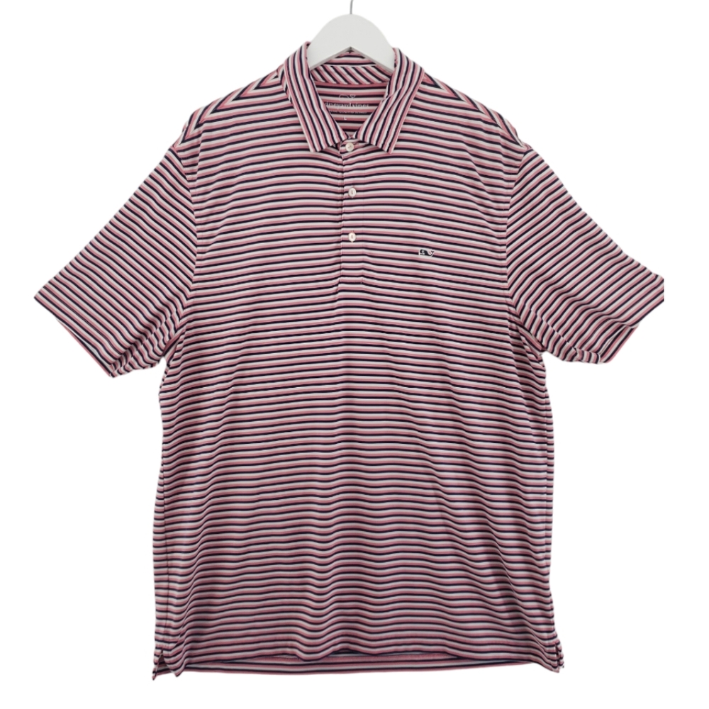 Vineyard Vines Performance Polo Feeder Stripe Navy Pink White Size Large